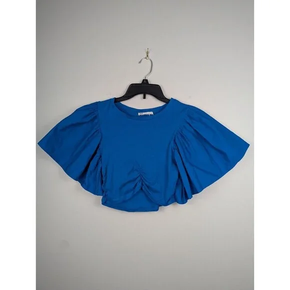 ZARA Women Cobalt Blue Exaggerated Sleeve Crop Top S Short Puff Sleeve‎ Rouched - Picture 3 of 10